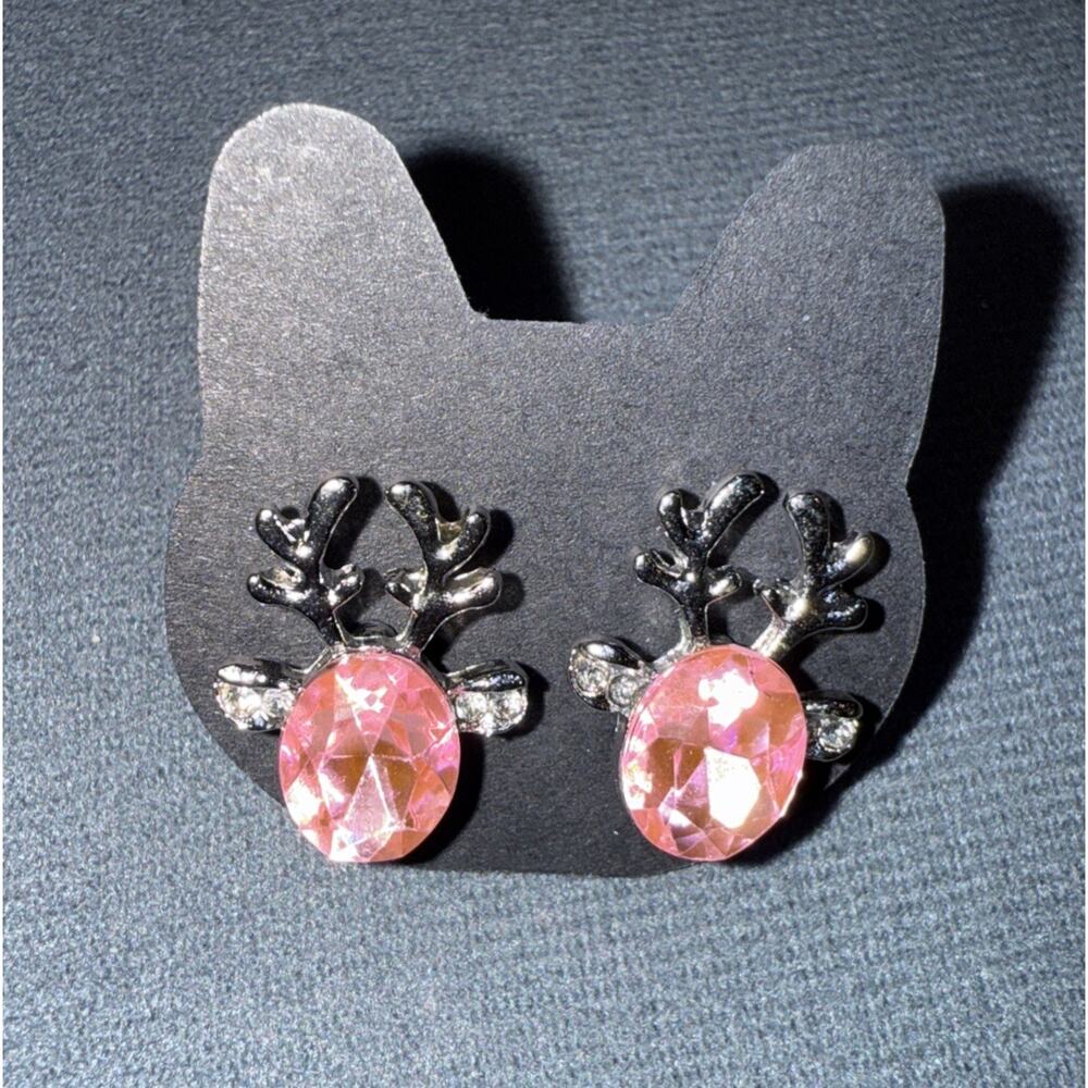 NWT HOLIDAY Pink CRYSTAL REINDEER Silverstone STUD PIERCED EARRINGs